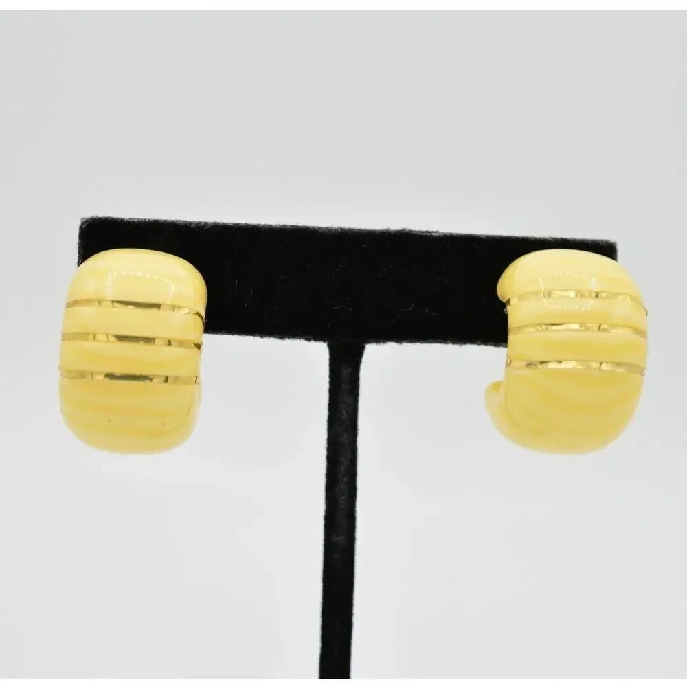 Vintage Statement Earrings Cream Yellow Gold Foiled Resin Lucite NOS 1980s 9L